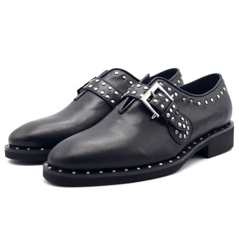 

2020 New Fashion Vintage Rivet Men Formal Social Shoes Genuine Leather High Quality Party Shoes Men Pointed Buckle Male Footwear