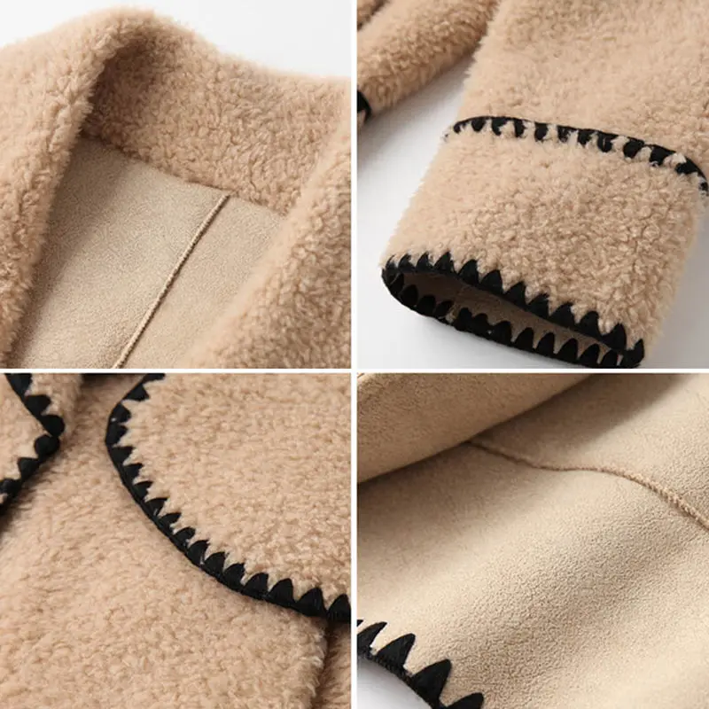 

Lamb coat women's net red new autumn and winter plus velvet thickened Joker black little fragrant wind woolen coat