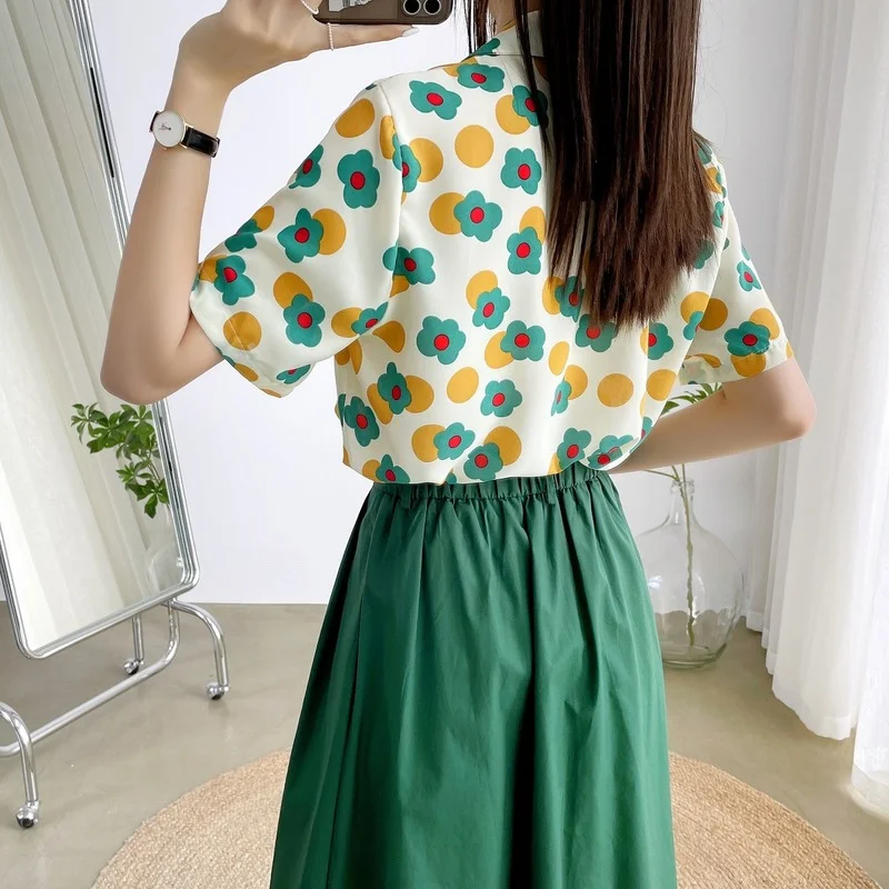 

Women's Blouse Short Sleeve Top Fashion Tops Suit Collar Shirts Printed Blouses Casual Shirt Summer New Korean Chiffon Houthion