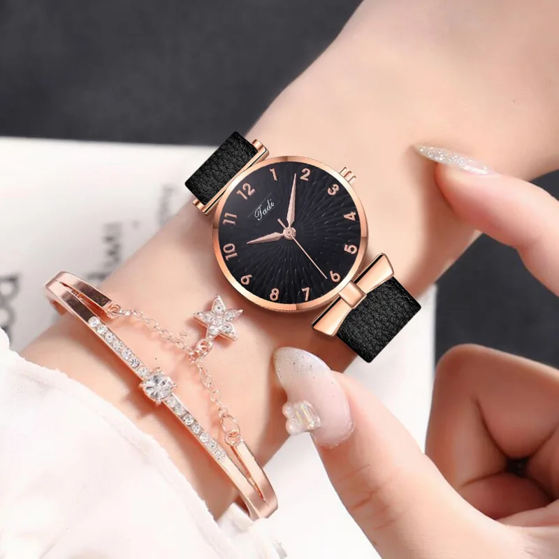 【Watch+Bracelet】Women Watch Bracelet Set Arabic Numbers Quartz Luxury Ladies Leather Strap Wristwatches Relogio Feminino | Наручные