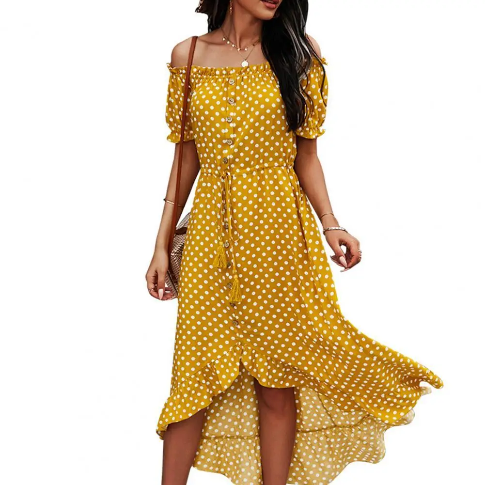 

Outdoor Women Dress Slash Neck Dot Print Waist Belt Slim Short Sleeve Ruffled Hem Casual Loose Summer Dresses