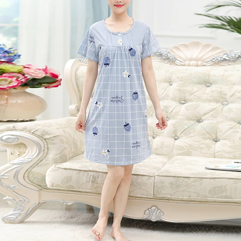 

Summer Women Print Knee-length Nightgowns Sleepshirts Short Sleeve Various Color Fashion Loose Lovely Soft Breathable Homewear