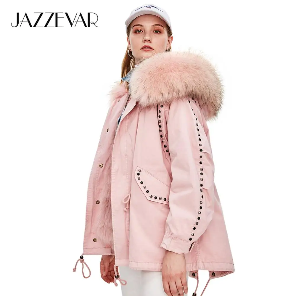 JAZZEVAR Новая зимняя куртка модная уличная женская армейская парка с натуральным мехом негабаритное пальто с капюшоном куртка с заклепкой свободная одежда