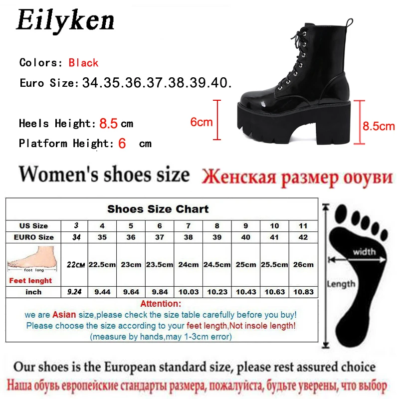 Eilyken/женские ботинки на высоком каблуке; женские ботинки черного цвета на шнуровке и молнии с круглым носком; Модные ботильоны на платформе; Новинка года; сезон зима