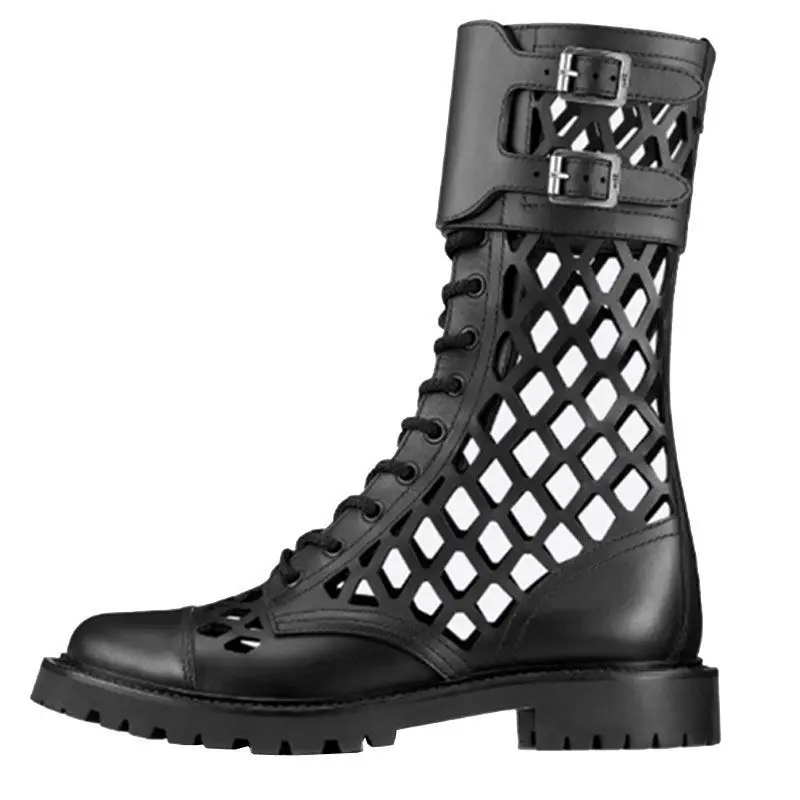 Модные кожаные дышащие ботинки на низком каблуке с круглым носком Летние