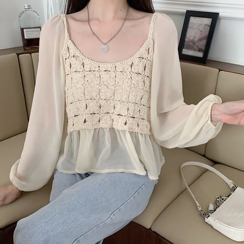 

Spring Autumn Hollow Crochet Flower Blouses Women Temperament Mesh Patchwork Long-Sleeved Loose Chiffon Shirt Women's Clothes/