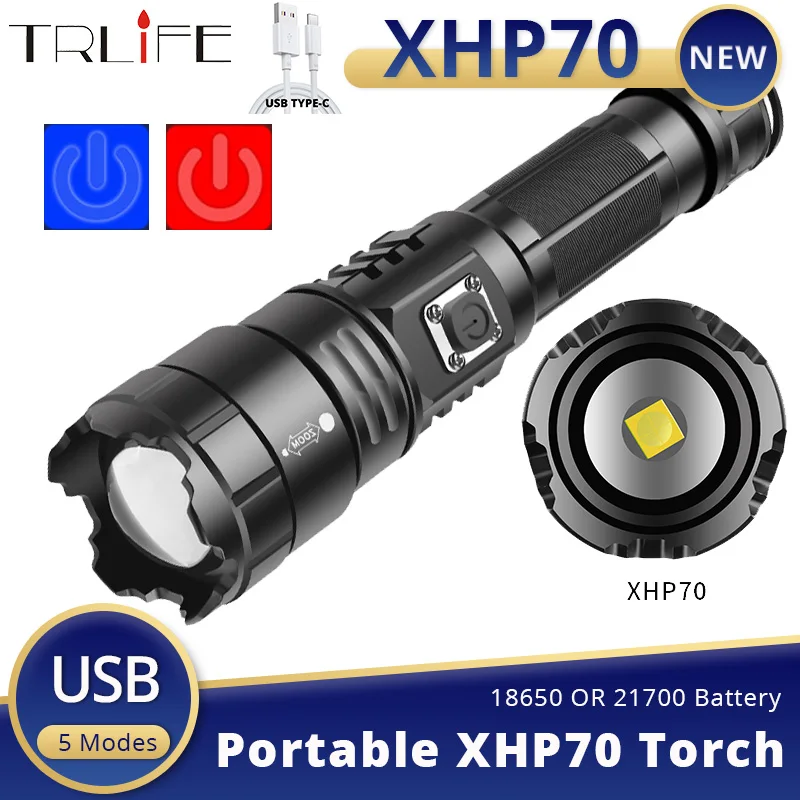 

8000LM 4-Core XHP70 Most Powerful LED Flashlight 18650 OR 21700 USB Rechargeable Torch Lantern 18650 Hunting Lamp Hand Light
