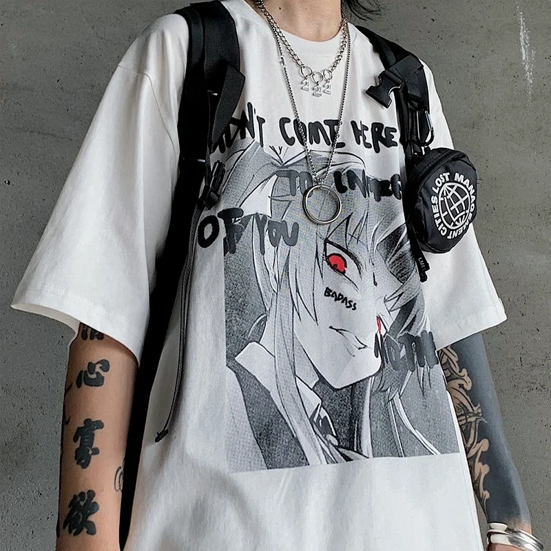 

QWEEK Gothic Anime Manga T-shirt Streetwear Women Summer 2021 Summer Kawaii Cute Cartoon Print Mall Goth Top Korean Style Kpop
