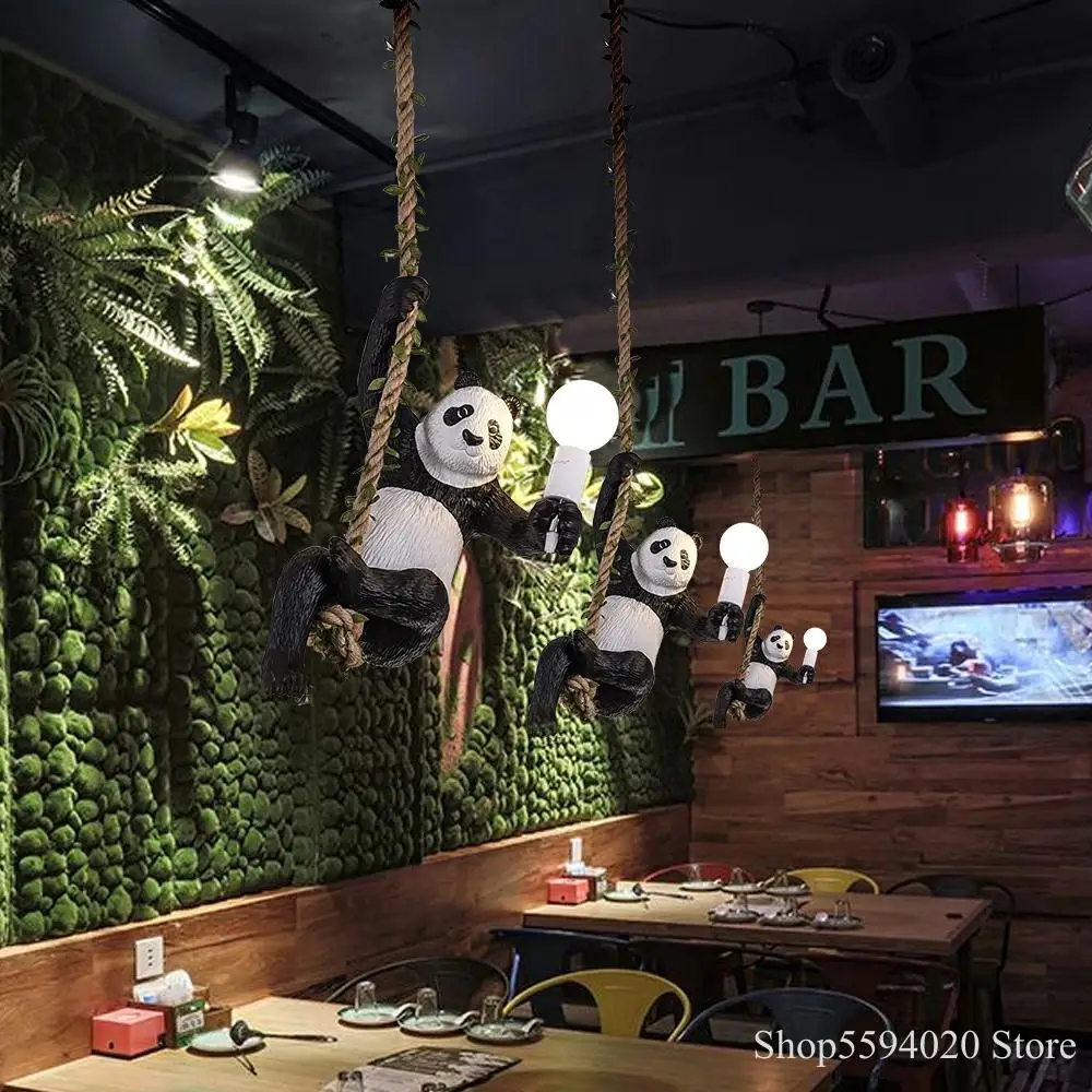 

Nordic Creative Hemp Rope Panda Chandelier Zoo Decorative Chandelier Restaurant Lodge Style Wooden House Plant Lamp Home Decor