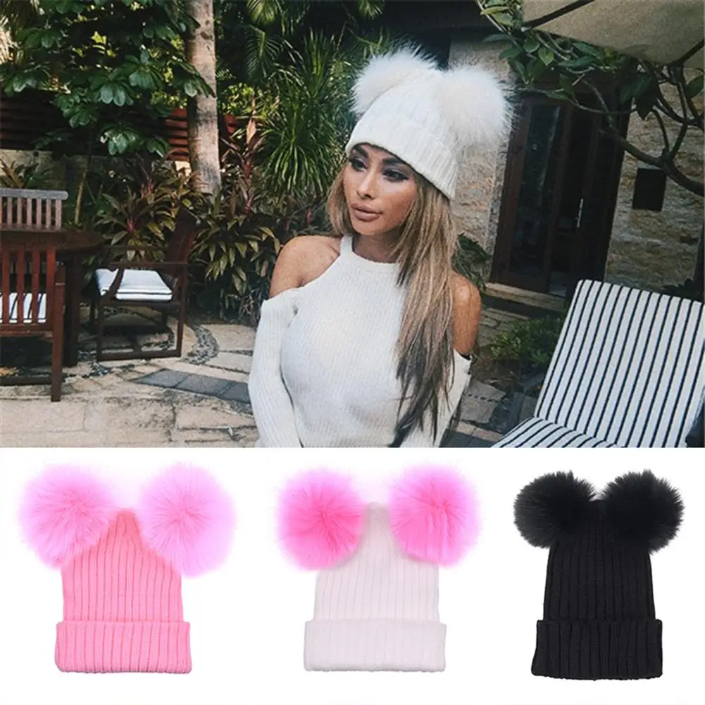 

Hats Fashion Knitted Faux Fur Ball Pom Pom Cute Women Lady Beanie Hat Warm Cap Gift