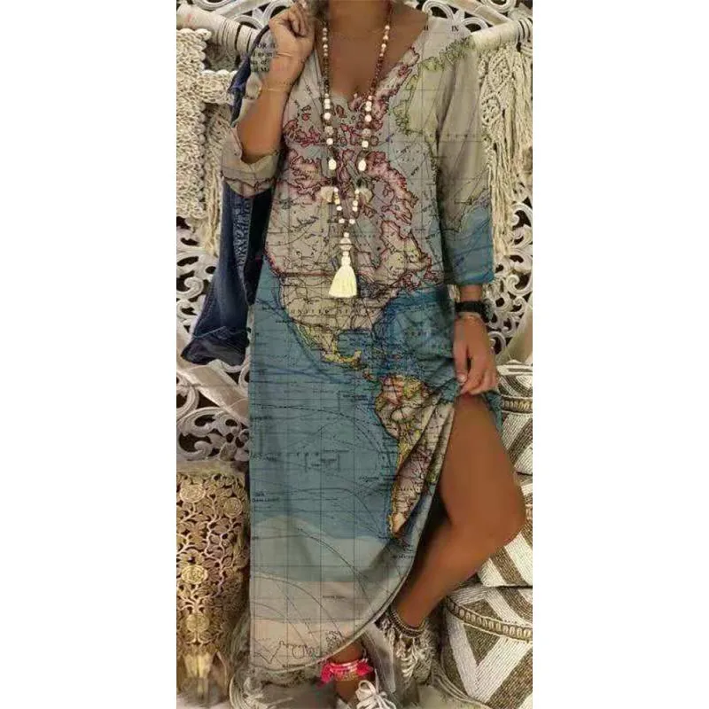

New Earth Print Loose Long Dress Summer 2021 Women's Dresses Female Girl Casual Clothing