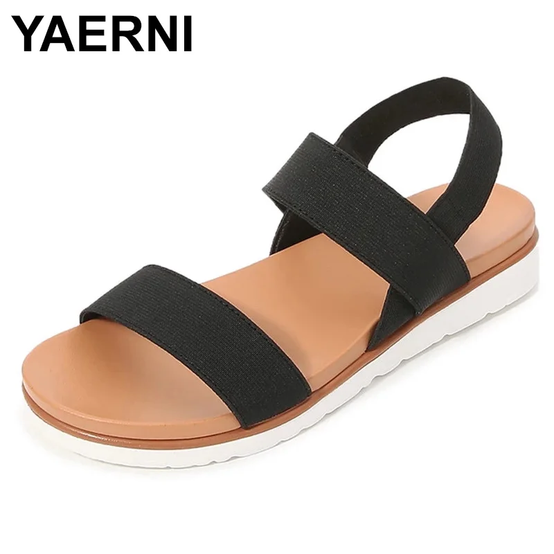 YAERNI Flat Sandal Shoe 2021Summer Strappy Heels Suit Female Beige Large Size Without Bohemian Girls Black Big New Clear Comfort