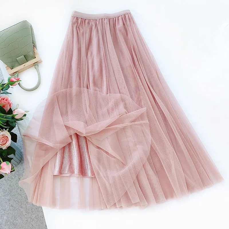 REALEFT New 2020 Spring Velvet Mesh A-Line Skirts Fashion Long Ladies High Waist Korean OL Style Ball Gown Female | Женская одежда