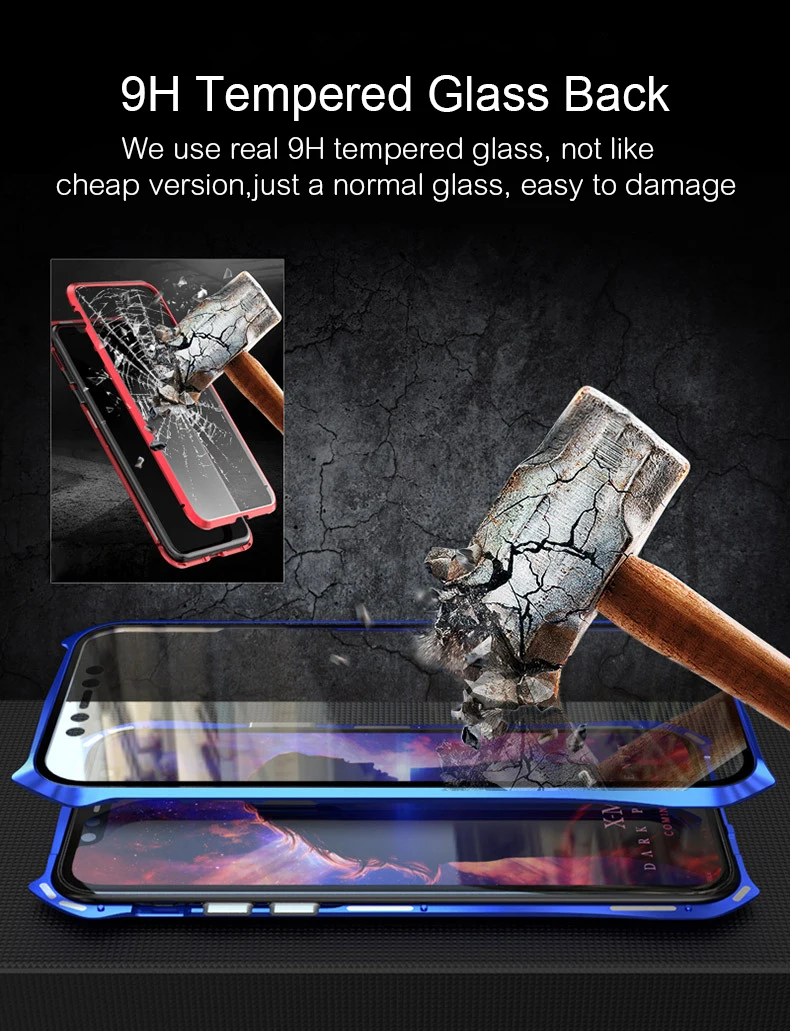 Двухсторонний задний+ передний стеклянный Магнитный чехол для Apple iPhone 11 Pro Max Роскошный Алюминиевый металлический бампер 360 Защитный чехол с петлей