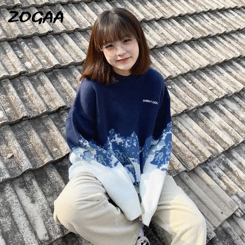 

ZOGAA Sweater Women Pullover Korean Patchwork O-neck Student Lovely Loose BF Ulzzang Gradient Oversize Winter Daily Top Chic Hot