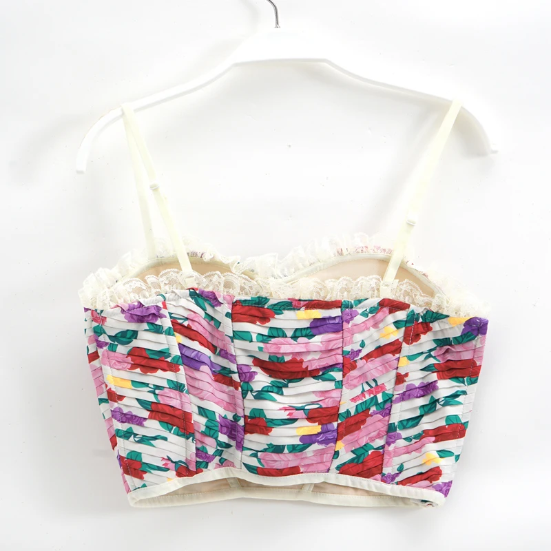 

2021NEW three-dimensional pleated floral print pleated lace trim sling women, summer bohemian vacation style short fishbone vest