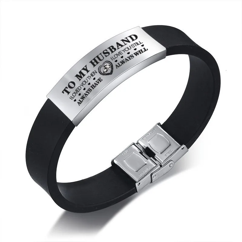 Vnox Custom TO HUSBAND Bracelets for Men Black Silicone Wrist Band with Stainless Steel Tag Valentine's Day Gift for Him