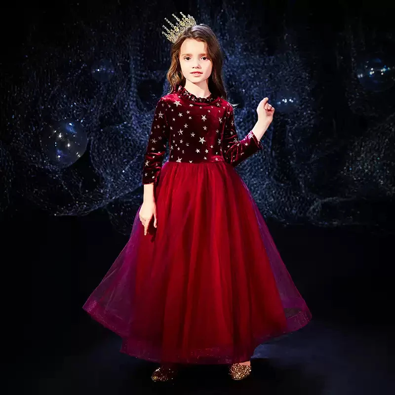 

Flower Girl Dresses Illusion Sequined Full O-Neck Princess Knee-Length Tulle Lace Luxury Burgundy Lovely Kids Party Gown H459