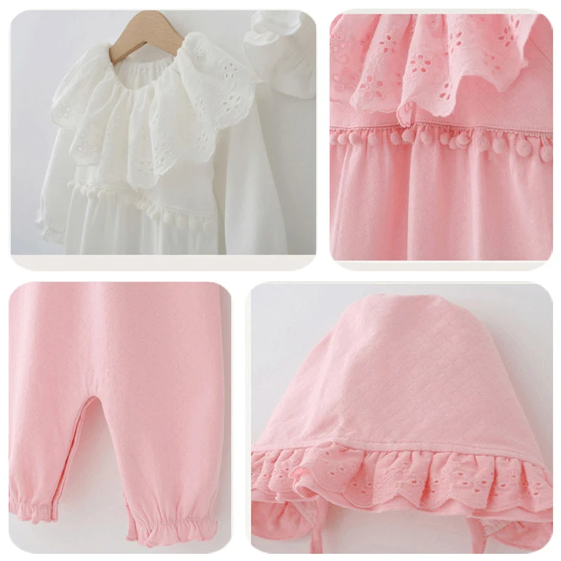 1 шт. детский хлопковый трикотажный комбинезон с шапочкой и кружевным