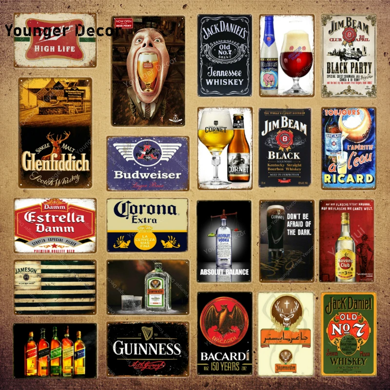 

Classic Wine Whiskey Metal Signs Estrella Damm Beer Plaque Vintage Bar Pub Club Man Cave Wall Decor Black Party Poster YI-071