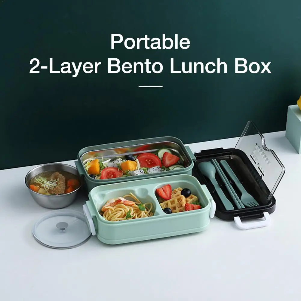 

Double Layer Stainless Steel Lunch Box With Soup Bowl Leak-Proof Bento Box Dinnerware Set Microwave Adult Student Food Container
