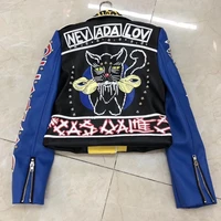 fashion rivet beading leather jacket locomotive graffiti cartoon pu leather jacket female punk motorcyle jackets with belt f2122