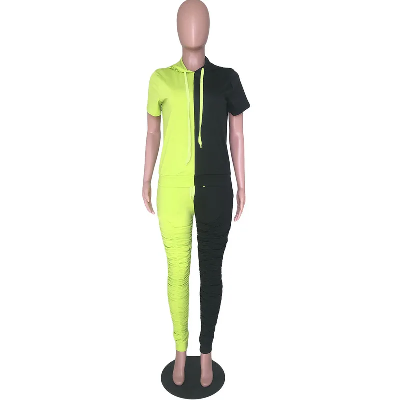 

Color Block Spliced Tracksuit Two Piece Set Short Sleeve Hooded Pullover And Pleated Pencil Pant Sweatsuit Casual Plus Size Suit