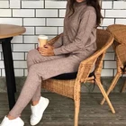 Зимний женский вязаный джемпер и брюки, повседневный костюм, пуловер в рубчик с высоким воротником и карманами, комплект из двух предметов, спортивные костюмы для женщин