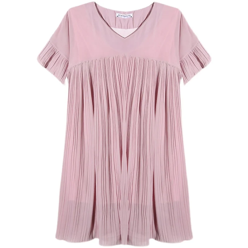 

307# Chic Summer Pleated Chiffon Maternity Dress V Neck Large Size Loose Clothes for Pregnant Women Pregnancy Casual Clothing