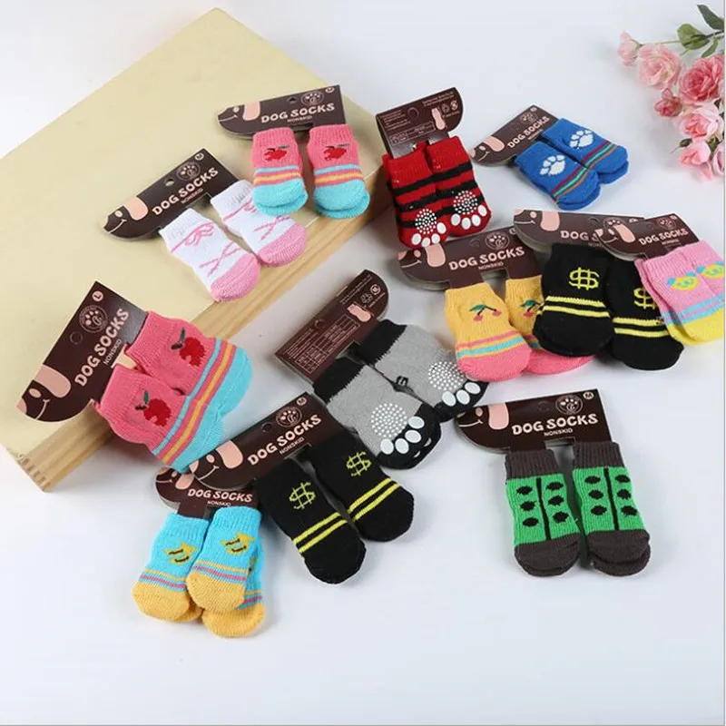 Носки для домашних животных 4 шт./лот хлопковые противоскользящие вязаные теплые