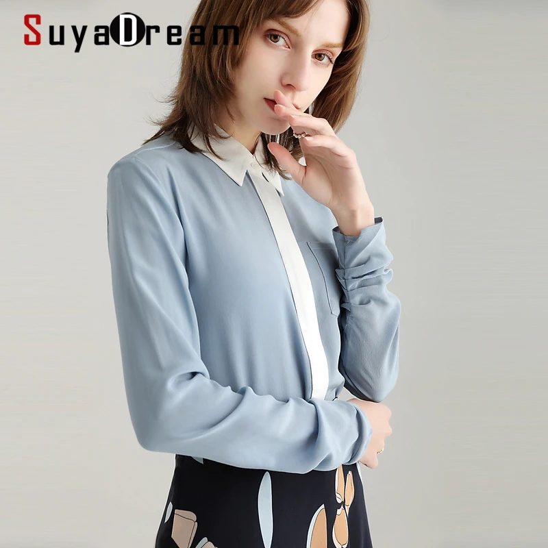 

SuyaDream женское платье рубашки 100% натуральный шелк креп с длинным рукавом один нагрудный карман шикарная блузка рубашка 2021 Весна офисная руба...