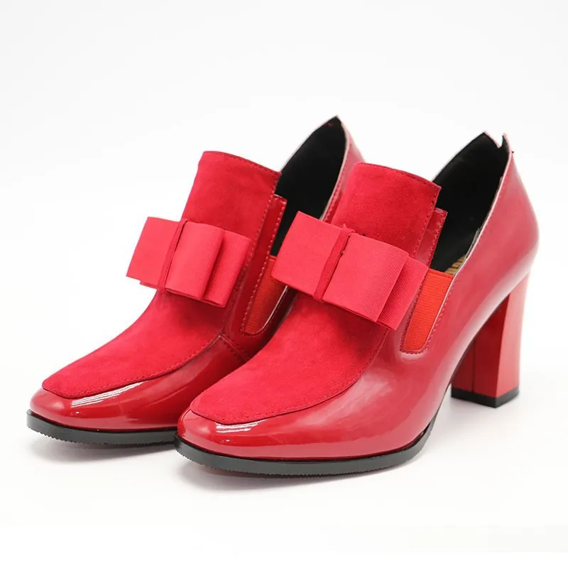

Square head high-heeled shoes with bowknot and thick heel