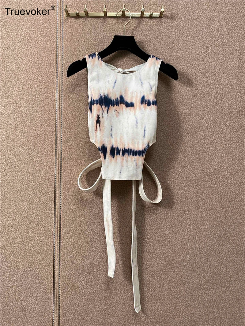 

Runway Fashion Lady Sexy Backless Vocation Camis Women Flower Print Back Crossed Cotton Tops Tank