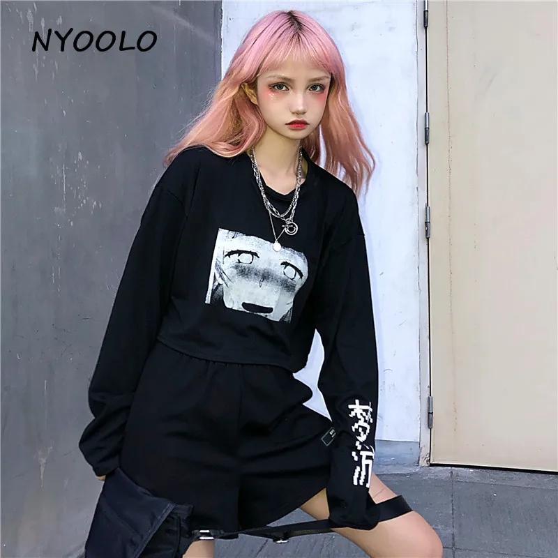 NYOOLO Harajuku стиль хип-хоп мультфильм девушка письмо с узором короткая футболка рубашка Осень Свободный длинный рукав футболка женская одежда Топ Футболка