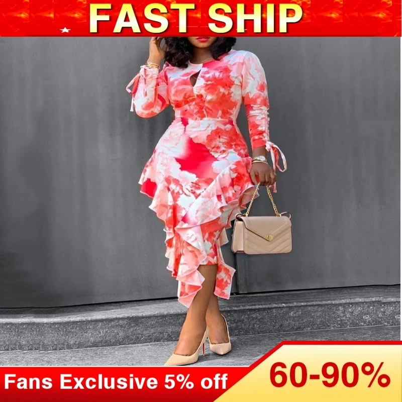 Женское платье с оборками и цветочным принтом длинным рукавом|Женские платья| |