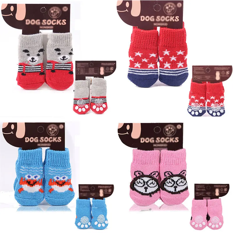 

4Pcs/set Autumn Winter Pet Dog Socks Anti-Slip Knitted Small Dogs Shoes Thick Warm Paw Protector Cute Puppy Cat Indoor Wear Boot
