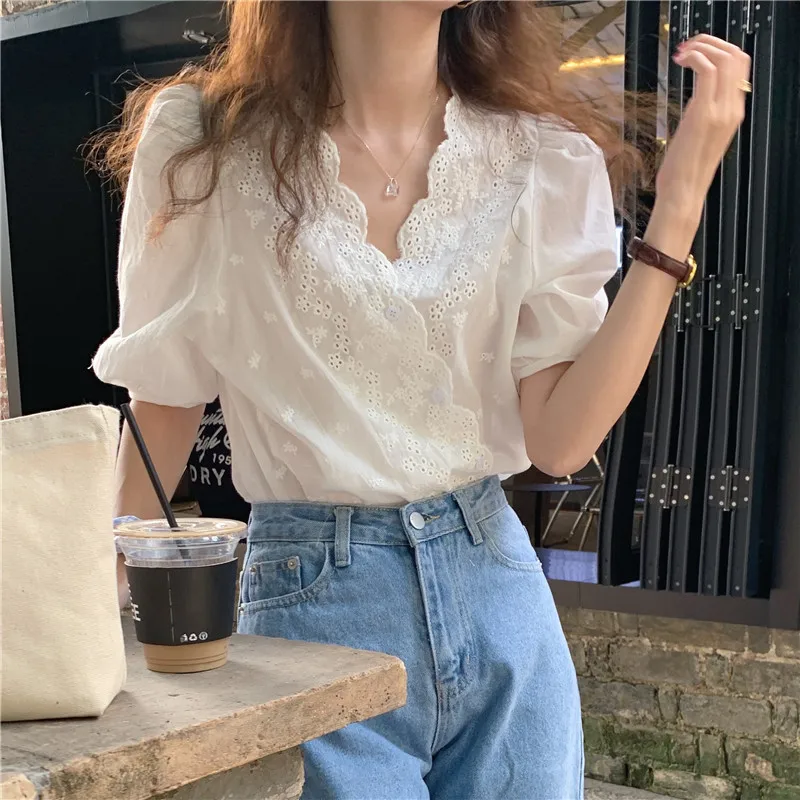 

Korean Blusas Embroidered Lace Shirt Y2k Women 2021 Summer White Blouse Hollow V Neck Short Sleeve Blouses Loose Elegant Tops