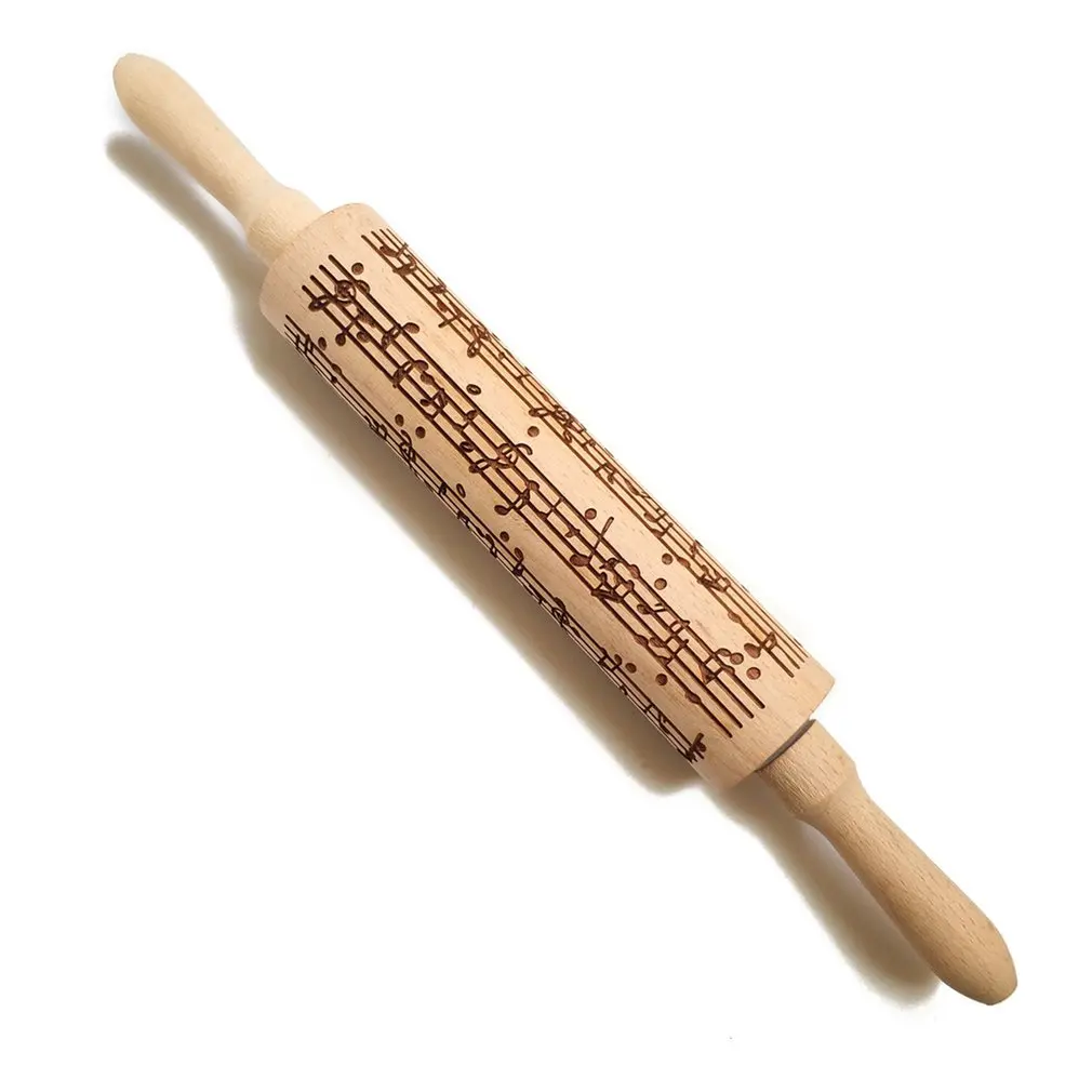 

Hot Newest Portable Size Biscuit Fondant Cake Patterned Roller Rolling Pins Music Notes Wooden Rolling Embossing Baking Cookies