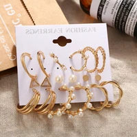 9 pairs big hoop pearl earring set fashion gold metal earring butterfly circle geometric vintage earring for women jewelry 2021