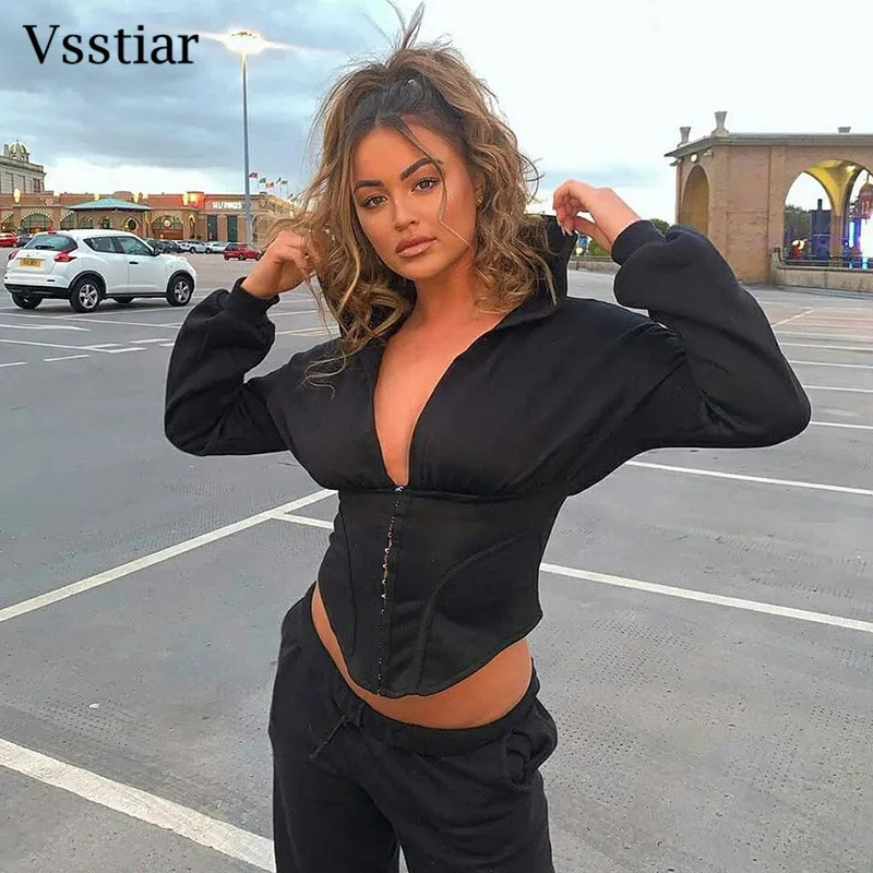 

Новинка Зимняя Повседневная Толстовка Vsstiar с длинным рукавом модная одежда на молнии с капюшоном Черные Серые женские топы