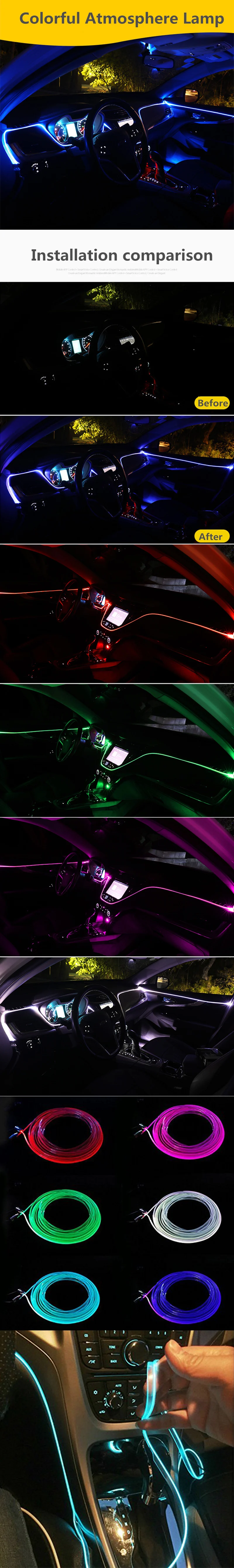 EL неоновый провод полоса светильник RGB светодиодный звуковой активный интерьера автомобиля светильник многоцветный телефон Управление автомобиля атмосферу светильник 12V