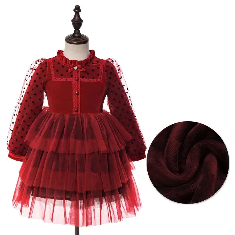 

Girl's Dress Princess Dress Autumn And Winter Korean Style Long-Sleeved Children's Red purple Pettiskirt Dress Party Host Dress