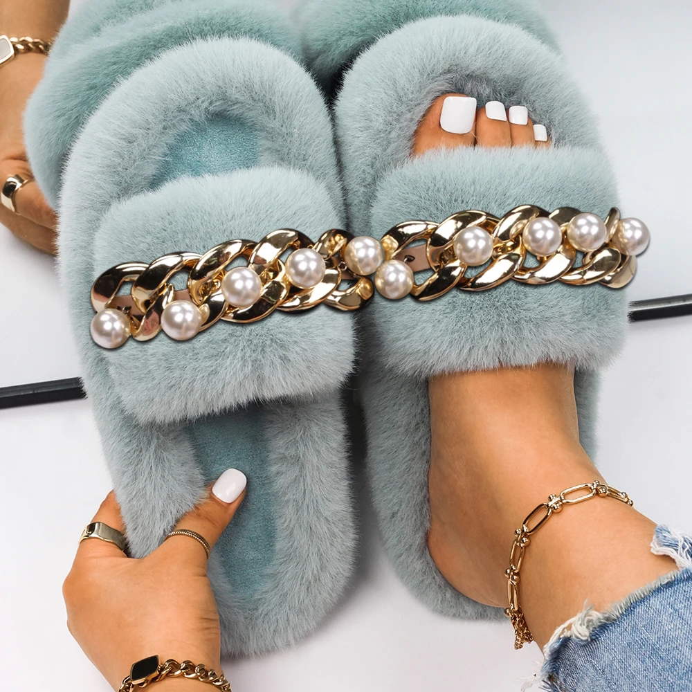 Fashion Slippers Women Golden Chain Fluffy Flip Flops Ladies Designer Faux Fur Slides Luxury Pearl Slippers Flat Sandals Shoes