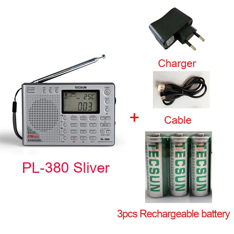 Tecsun PL-380 PL380 радио цифровой PLL портативный радио FM стерео/LW/SW/MW приемник DSP радио - Цвет: Sliver all set