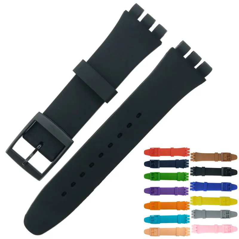 Ремешок силиконовый для часов Swatch Черный резиновый браслет с пряжкой Часовые