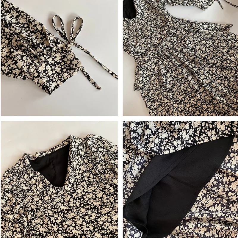 

Mozision Floral Print Drawstring Dress For Women V Neck Full Sleeve Side Split Dresses Female Loose Elegant Mid-length Dress