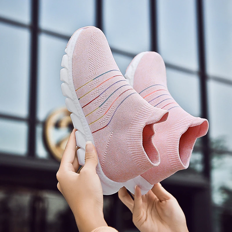 

2019 New Feminino Vulcanized Shoes Woman Sneakers Outdoor Knitting Mesh Comfortable Soles Slip on Tenis Shoes Zapatillas Mujer