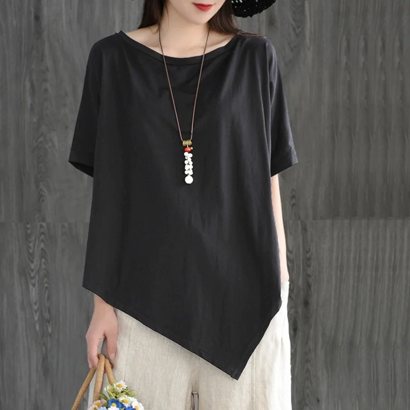 Женские китайские топы Летняя асимметричная Винтажная футболка Женская