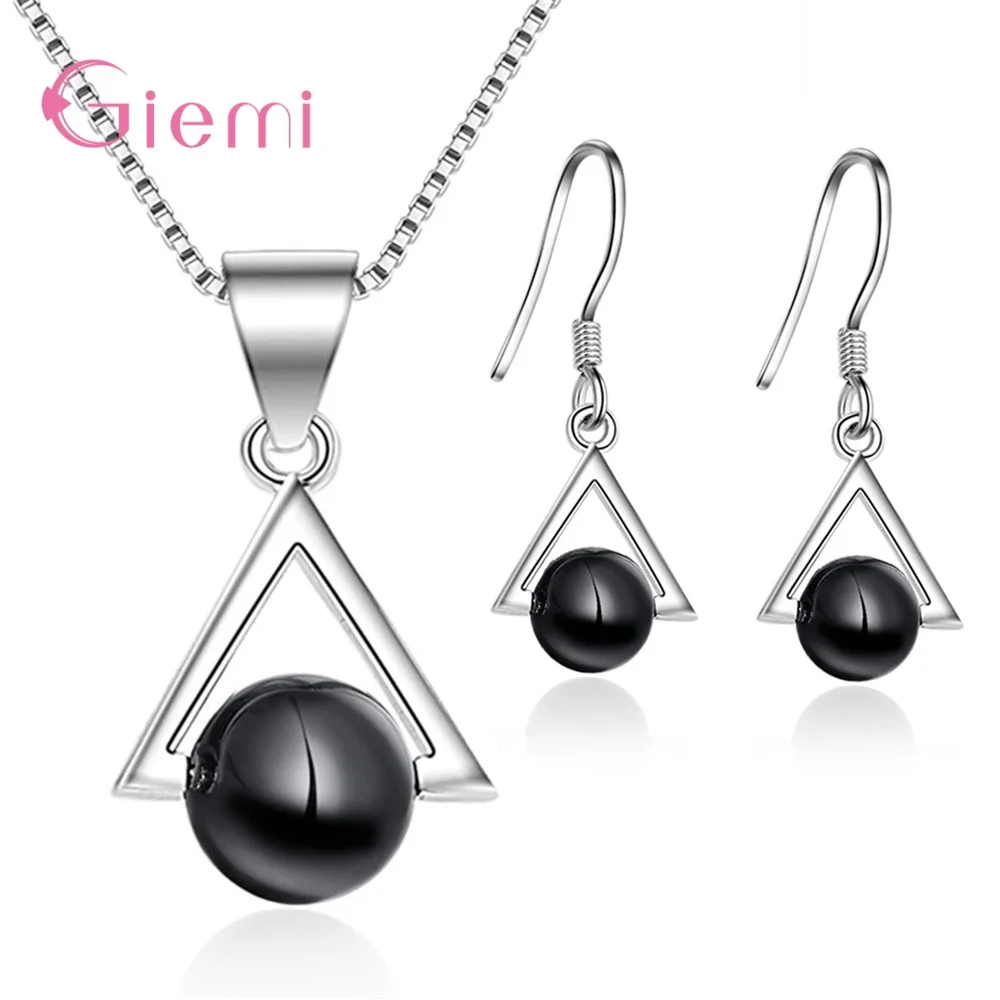 

S925 Sterling Silver Hot Sale Trendy Black Bead Sparkling Triangel Pendant Chain Necklace Drop Earrings For Women Jewelry Sets