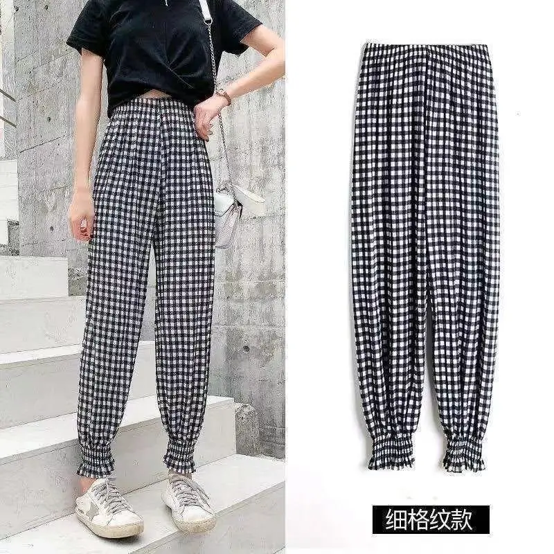 

Plus Size Casual Harem Hight Waist Straight Loose Long Women Pants Street Wear Cool Summer Loose Checkerboard Patchwork Trousers